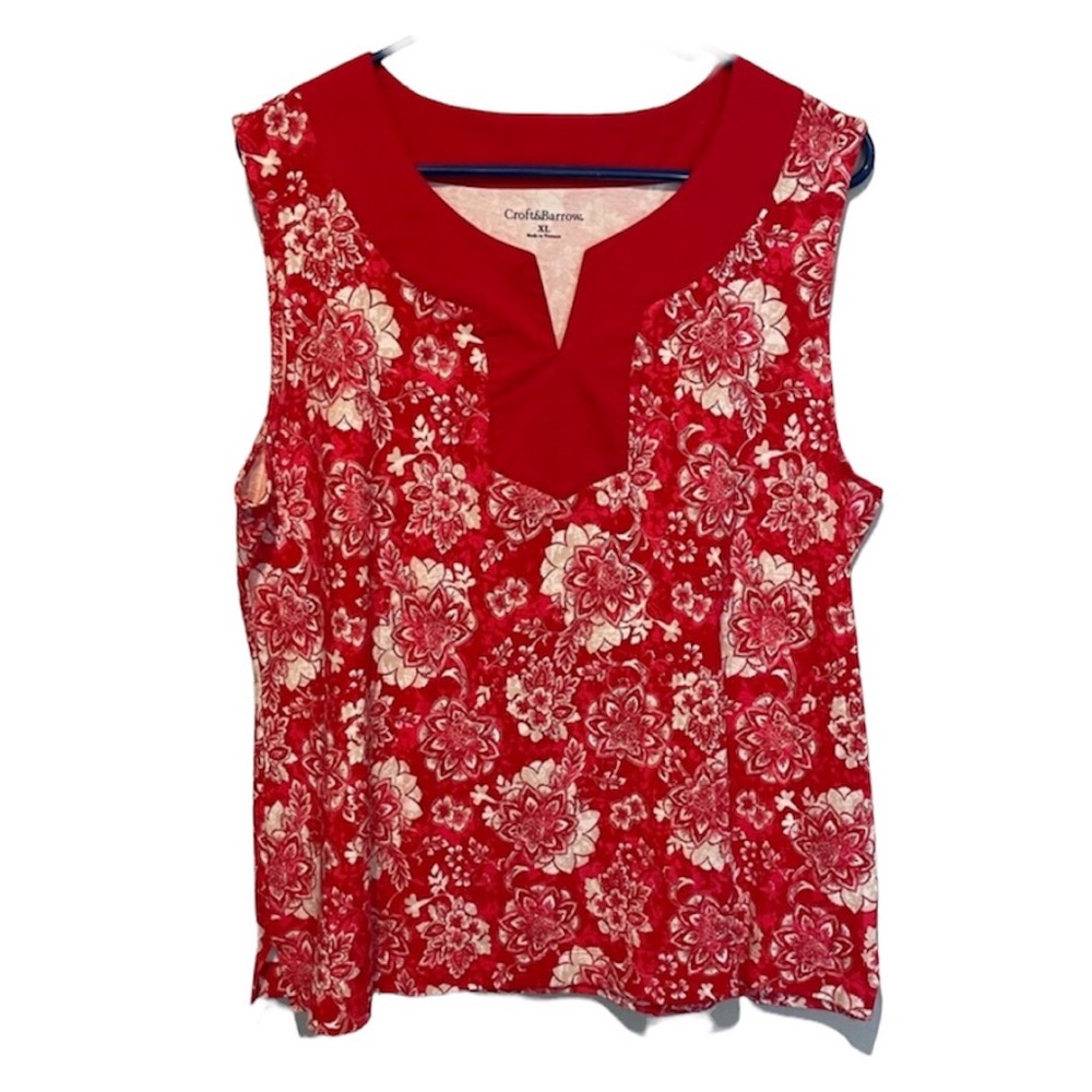 Croft & Barrow XL red cream floral sleeveless top tank USA 4th of July